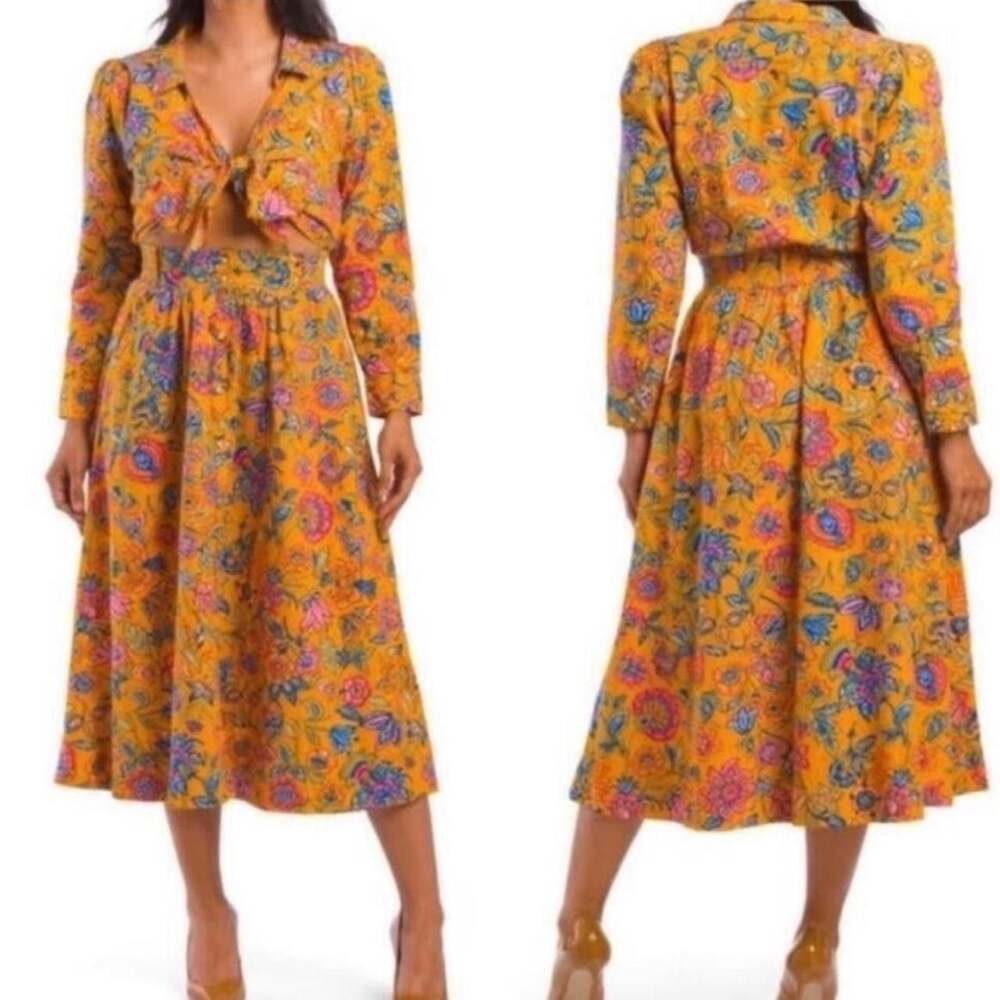 House of Harlow 1960 Yellow Floral Midi Dress with Tie Front - Size S
